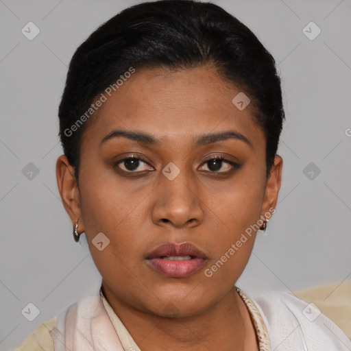 Neutral latino young-adult female with short  black hair and brown eyes
