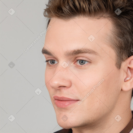 Neutral white young-adult male with short  brown hair and grey eyes