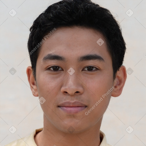 Neutral asian young-adult male with short  brown hair and brown eyes