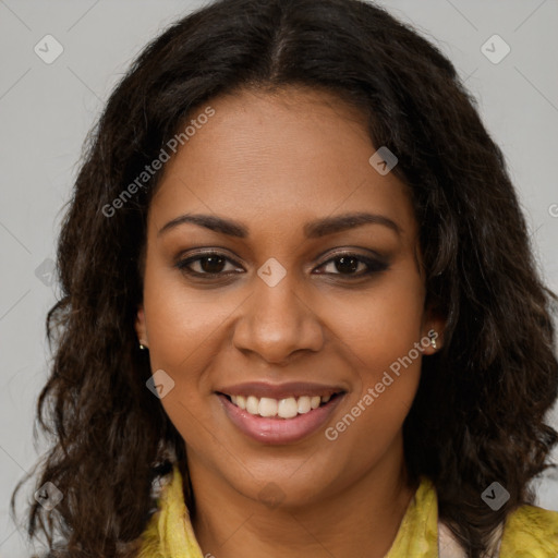 Joyful black young-adult female with long  brown hair and brown eyes