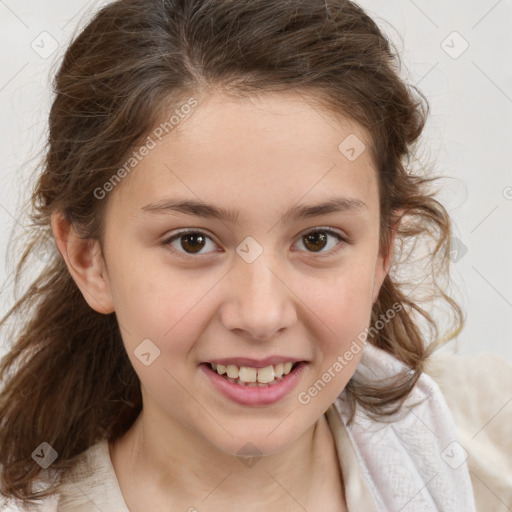 Joyful white child female with medium  brown hair and brown eyes