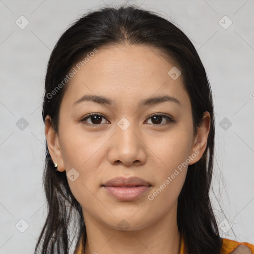 Joyful white young-adult female with long  brown hair and brown eyes