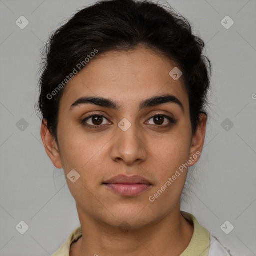 Joyful latino young-adult female with short  brown hair and brown eyes