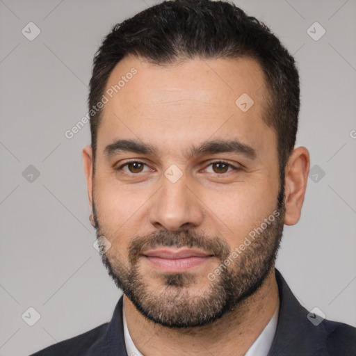 Neutral white young-adult male with short  black hair and brown eyes