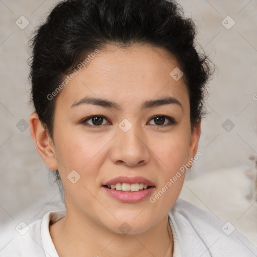 Joyful latino young-adult female with short  brown hair and brown eyes