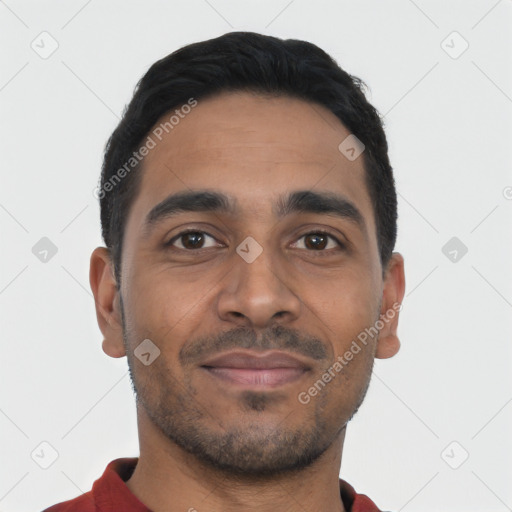 Neutral latino young-adult male with short  black hair and brown eyes