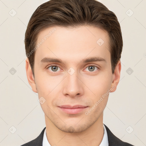 Neutral white young-adult male with short  brown hair and brown eyes