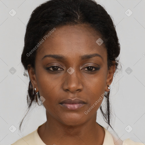 Neutral black young-adult female with medium  brown hair and brown eyes