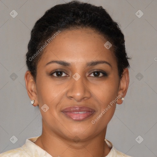 Joyful latino young-adult female with short  brown hair and brown eyes