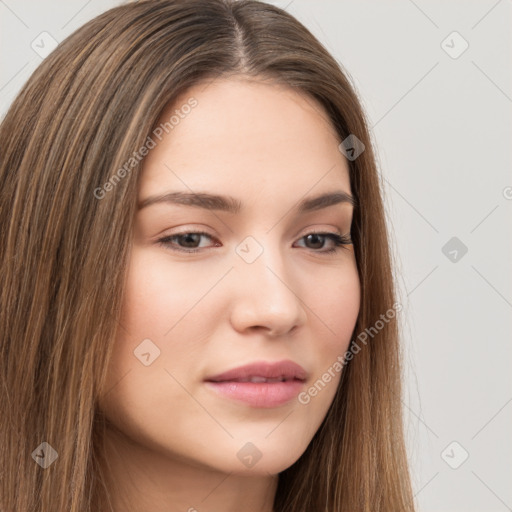 Neutral white young-adult female with long  brown hair and brown eyes