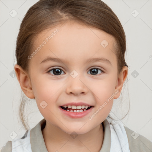 Joyful white child female with medium  brown hair and brown eyes