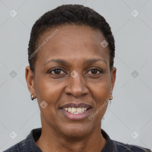 Joyful black adult female with short  brown hair and brown eyes