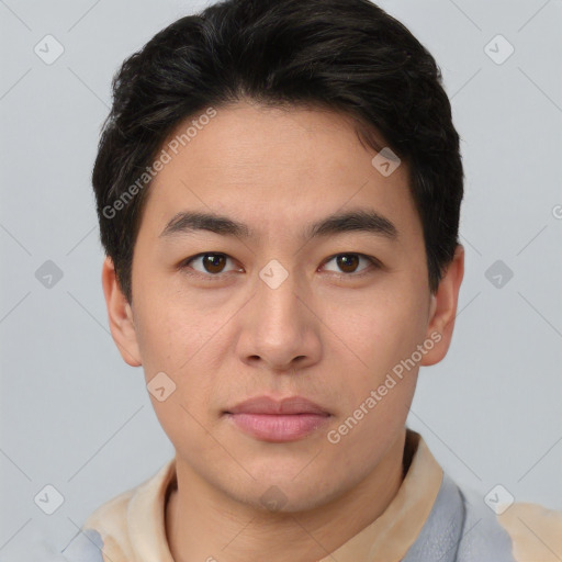 Neutral asian young-adult male with short  brown hair and brown eyes