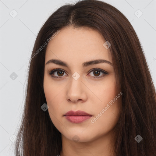 Neutral white young-adult female with long  brown hair and brown eyes