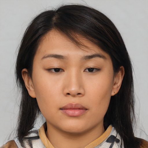 Neutral asian young-adult female with medium  brown hair and brown eyes