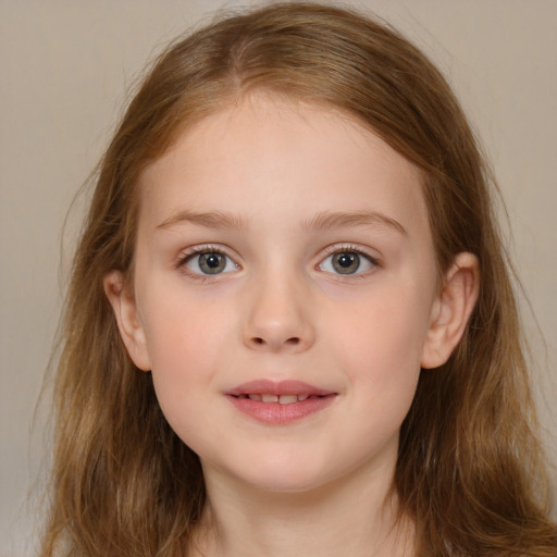 Joyful white child female with medium  brown hair and brown eyes