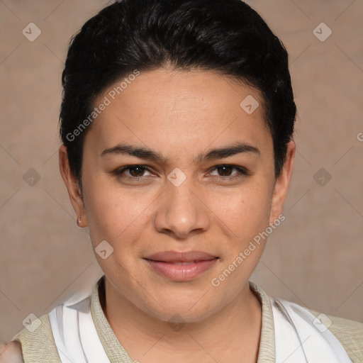 Joyful white young-adult female with short  brown hair and brown eyes