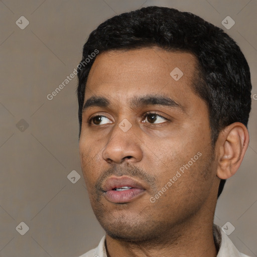Neutral black young-adult male with short  black hair and brown eyes
