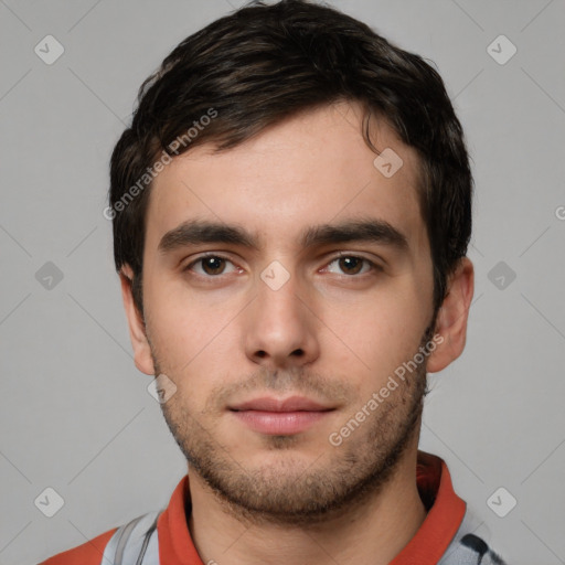 Neutral white young-adult male with short  brown hair and brown eyes