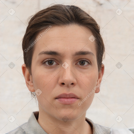 Neutral white young-adult female with short  brown hair and brown eyes