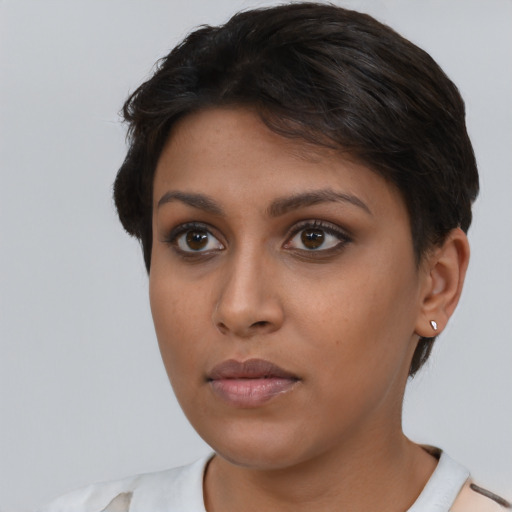 Neutral latino young-adult female with short  brown hair and brown eyes