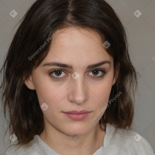 Neutral white young-adult female with medium  brown hair and brown eyes