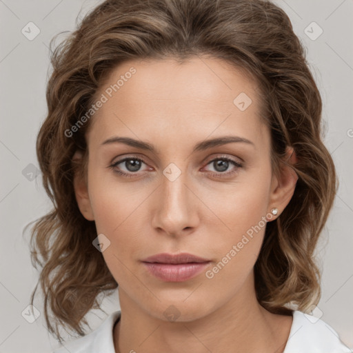 Neutral white young-adult female with medium  brown hair and brown eyes