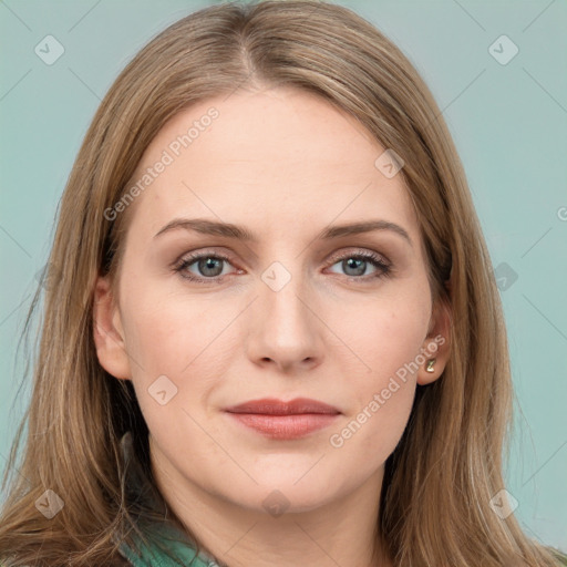 Joyful white young-adult female with long  brown hair and green eyes