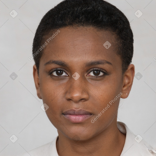 Neutral black young-adult female with short  brown hair and brown eyes