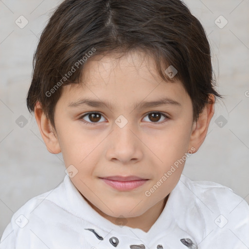 Joyful white child female with medium  brown hair and brown eyes