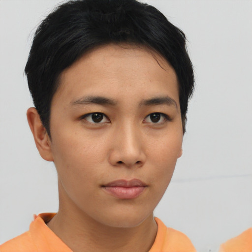 Neutral asian young-adult female with short  brown hair and brown eyes