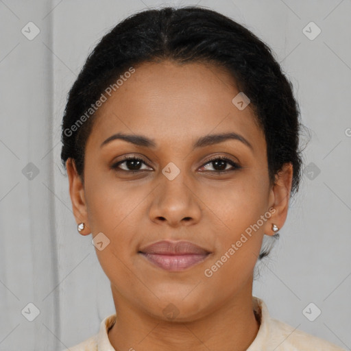 Joyful latino young-adult female with short  brown hair and brown eyes