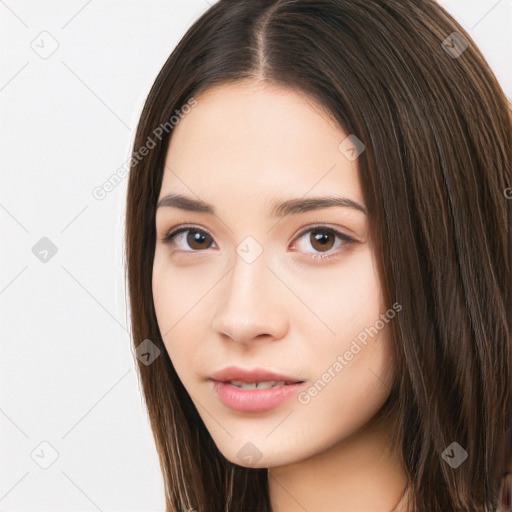 Neutral white young-adult female with long  brown hair and brown eyes