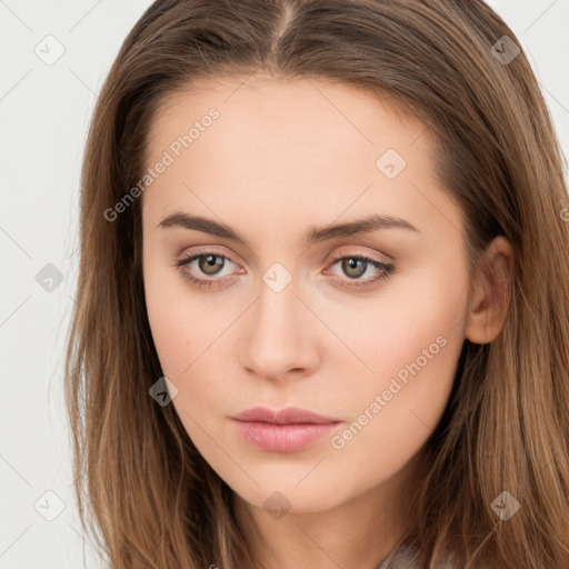 Neutral white young-adult female with long  brown hair and brown eyes