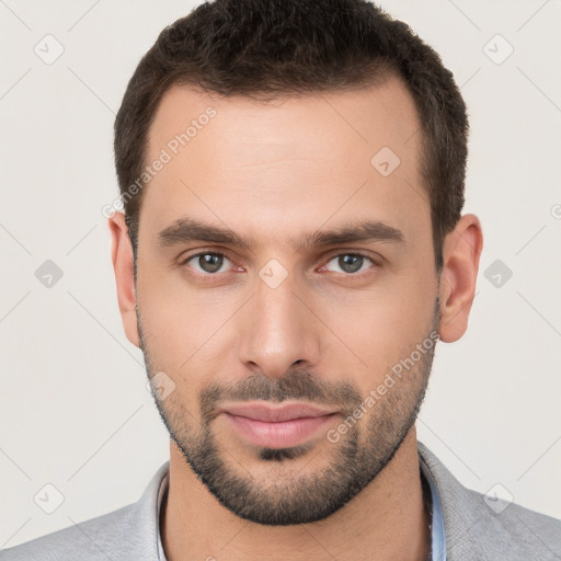 Neutral white young-adult male with short  brown hair and brown eyes