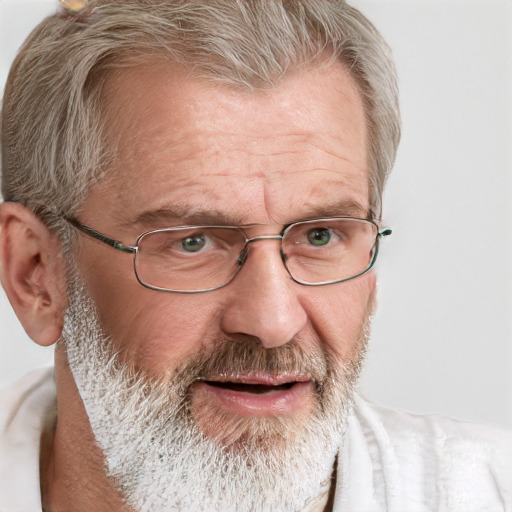 Neutral white middle-aged male with short  gray hair and blue eyes