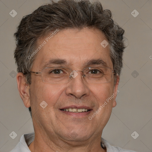 Joyful white middle-aged male with short  brown hair and brown eyes