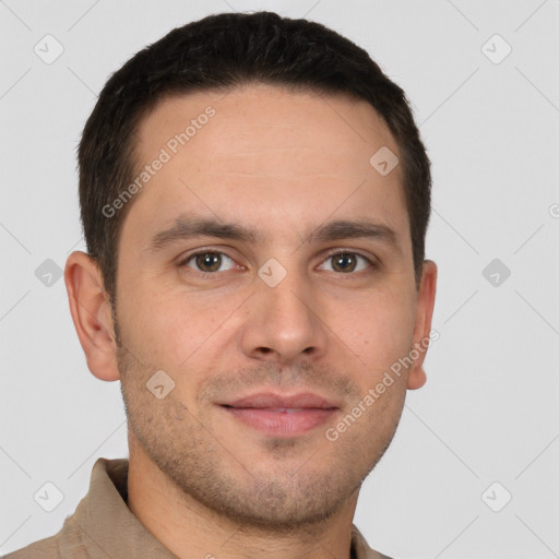 Joyful white young-adult male with short  brown hair and brown eyes