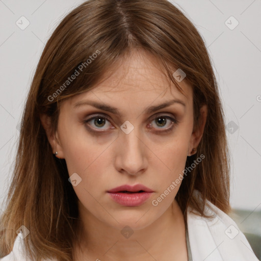 Neutral white young-adult female with medium  brown hair and brown eyes