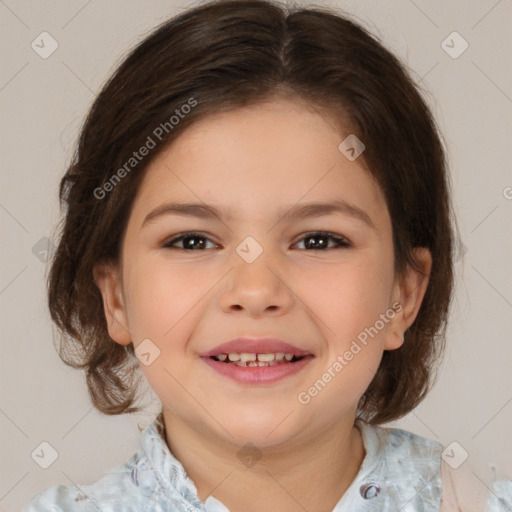 Joyful white child female with medium  brown hair and brown eyes