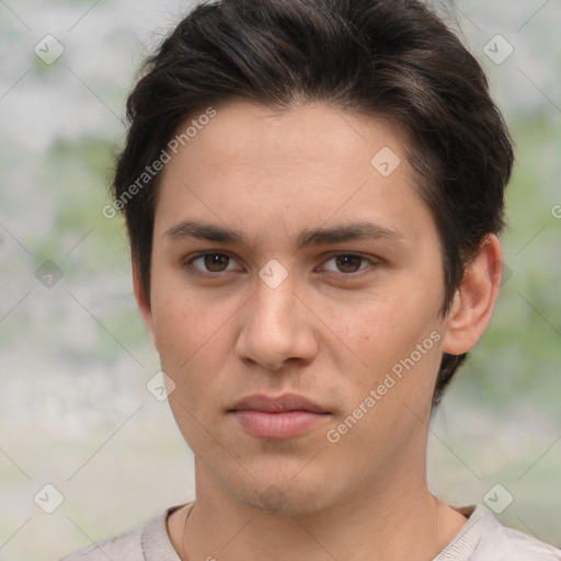 Neutral white young-adult female with short  brown hair and brown eyes