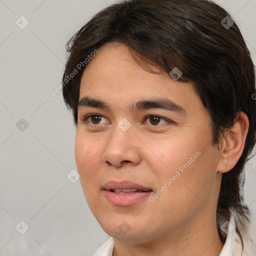 Joyful white young-adult male with medium  brown hair and brown eyes