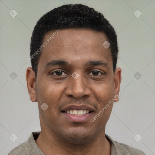 Joyful latino young-adult male with short  black hair and brown eyes