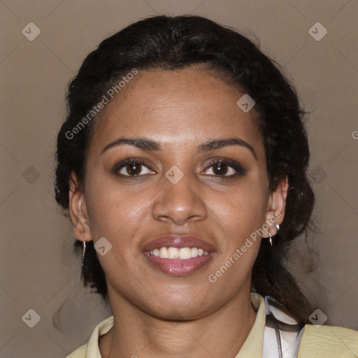 Joyful latino young-adult female with short  black hair and brown eyes