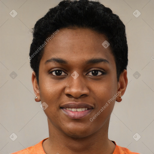 Joyful black young-adult female with short  black hair and brown eyes