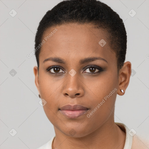 Neutral black young-adult female with short  brown hair and brown eyes