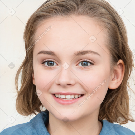 Joyful white child female with medium  brown hair and blue eyes