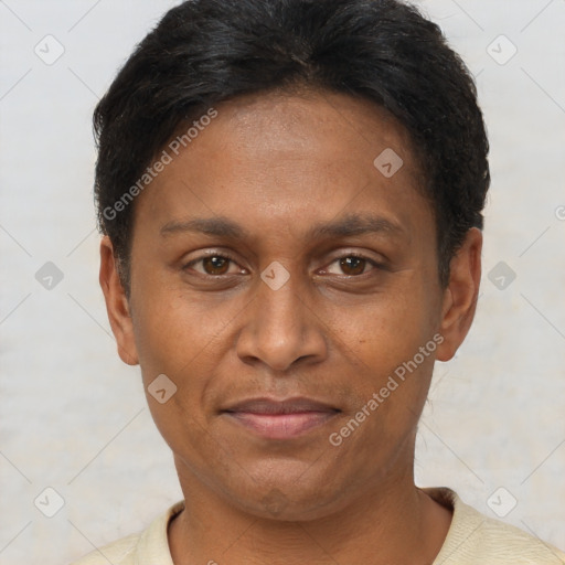Joyful latino adult female with short  brown hair and brown eyes