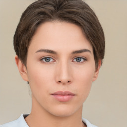 Neutral white young-adult female with short  brown hair and brown eyes