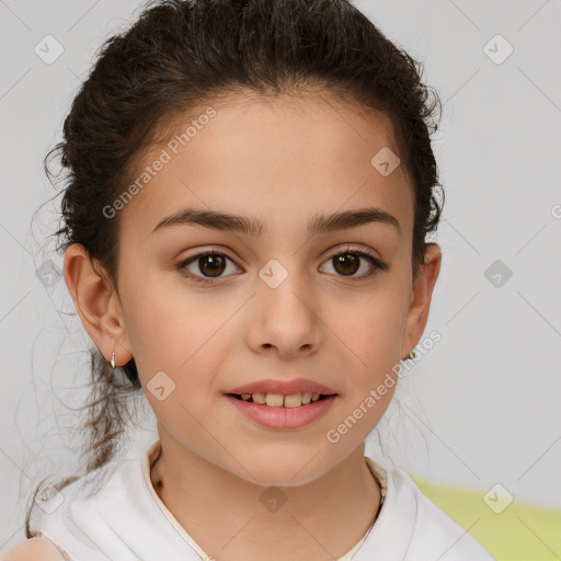 Joyful white child female with short  brown hair and brown eyes